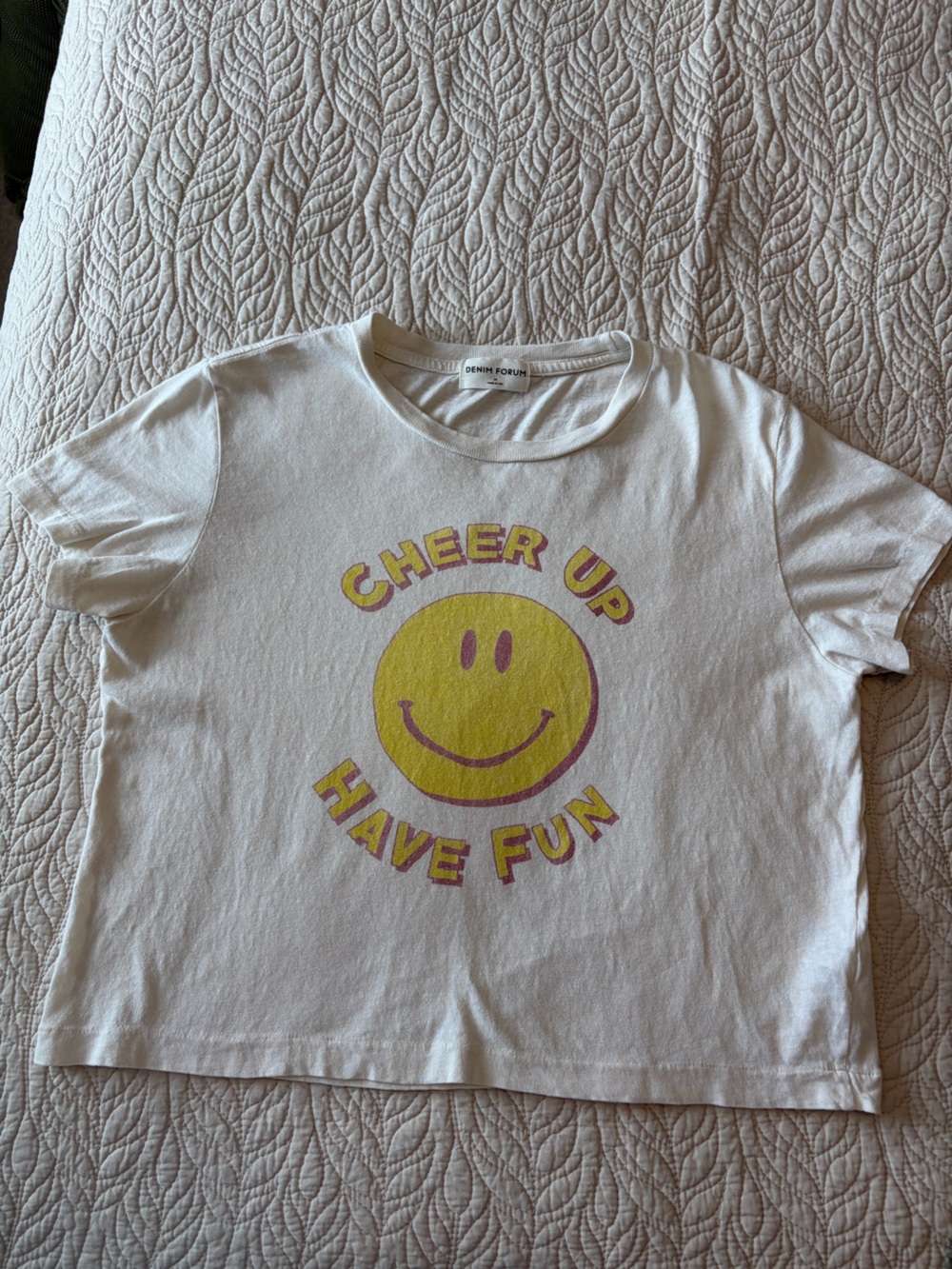 Denim Forum soft yellow Tee with Yellow Smile Graphic
